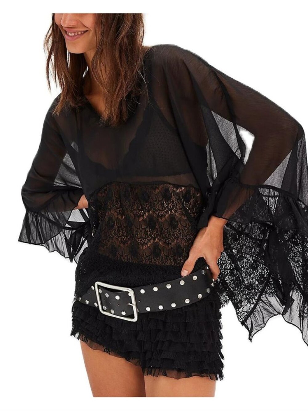 Women Sheer Mesh Floral Lace Shirt Boho Loose Fit Batwing Sleeve Blouse Fairy